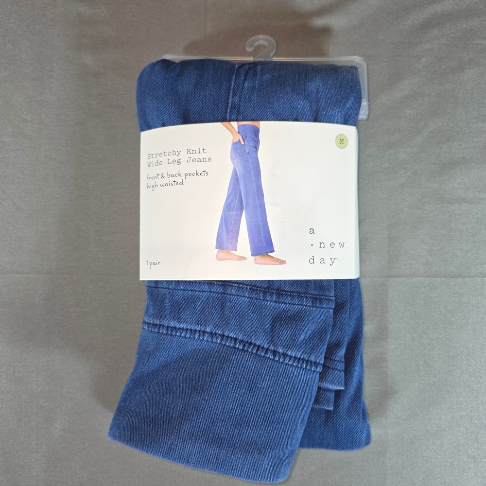 A New Day Womens Stretchy Knit Wide Leg Jeans High Waisted Medium Blue M 35LX0M
